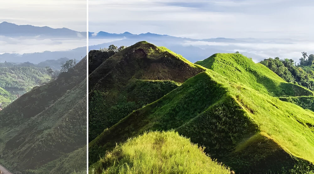 Monitor PHILIPS 241V8LAB 23.8 cala 1920x1080px 100Hz 1 ms [MPRT] prezentacja działania SmartContrast na górzystym terenie analiza wyświetlanych treści inteligentne dopasowanie poziomu podświetlenia tryb ekonomiczny ograniczenie zużycia energii