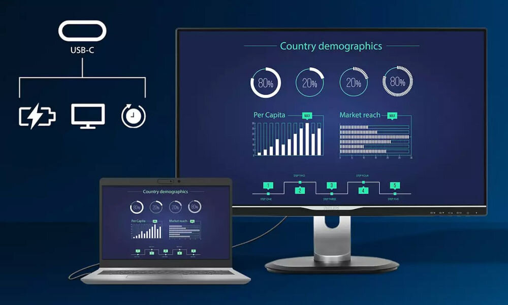 Monitor PHILIPS 27E1N1300AE 27 cali 1920x1080px IPS 100Hz 1 ms [MPRT] prezentacja laptopa podłączonego do monitora po kablu narysowany port z ikonami symbolizującymi możliwe zastosowanie granatowe tło USB C przesył obrazu danych zasilania dwustronna konstrukcja wtyczki upraszcza codzienne korzystanie eliminacja bałaganu