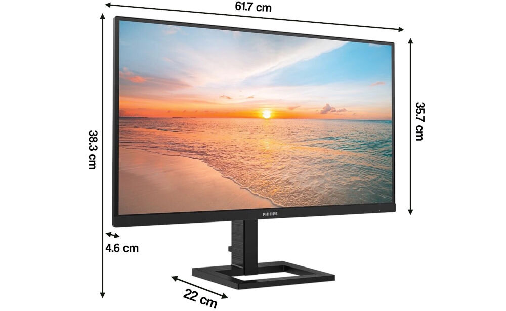 Monitor PHILIPS 27E1N1300AE 27 cali 1920x1080px IPS 100Hz 1 ms [MPRT] prezentacja monitora z wymiarami od przodu na białym tle pod kątem wymiary komfort stabilność