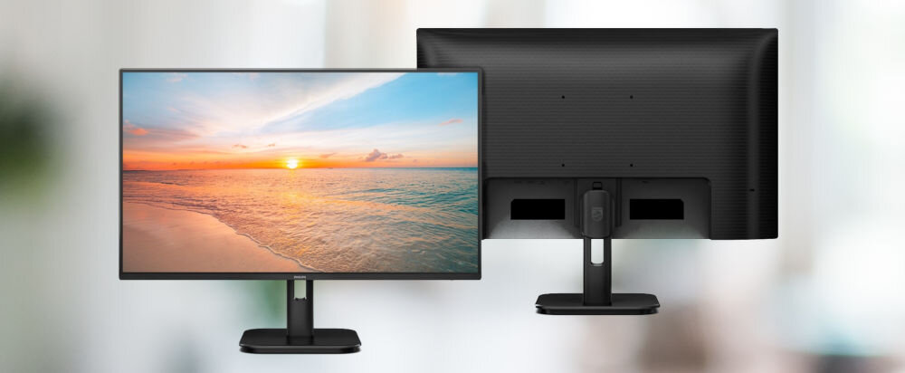 Monitor PHILIPS 24E1N1300A 23.8 cala 1920x1080px IPS 100Hz 1 ms [MPRT] prezentacja monitora od przodu i od tyłu na rozmazanym tle