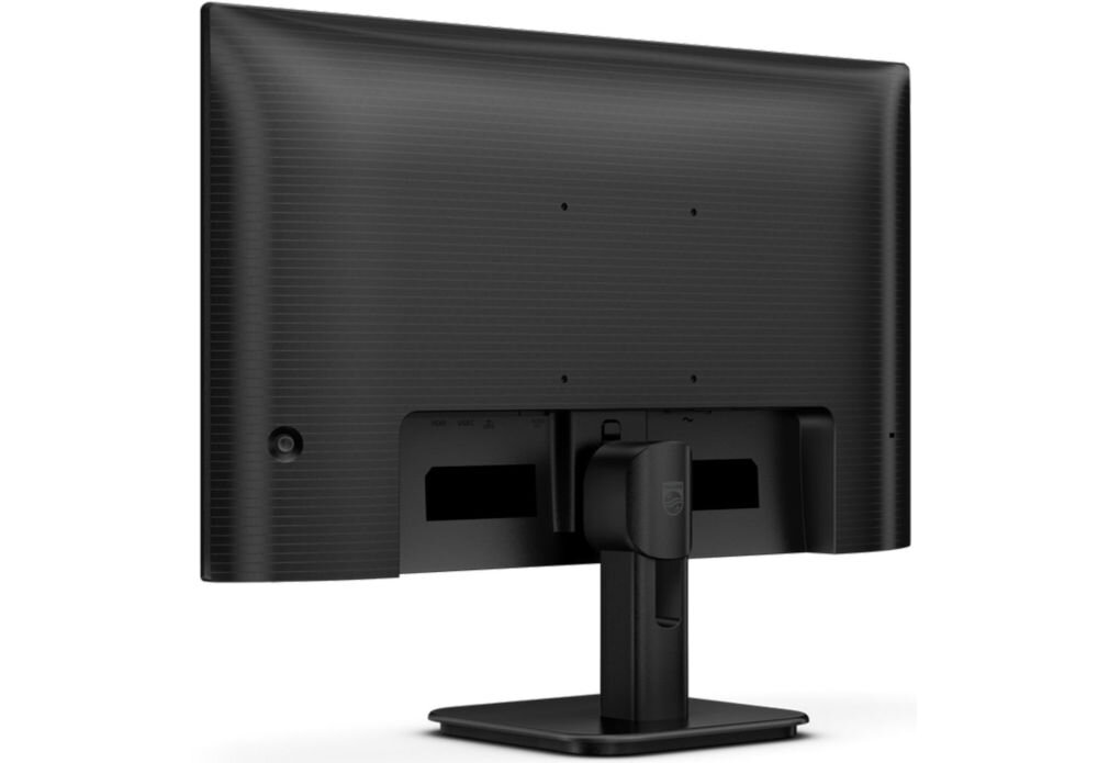 Monitor PHILIPS 24E1N1300A 23.8 cala 1920x1080px IPS 100Hz 1 ms [MPRT] prezentacja monitora od tyłu pod kątem na białym tle porty złącza gniazdo zasilania wyjście wejście audio płynne przełączanie