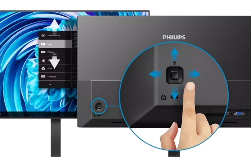Monitor PHILIPS 24E1N1300A 23.8 cala 1920x1080px IPS 100Hz 1 ms [MPRT] prezentacja klawisz EasySelect palec przy nim na tylnym panelu w tle przód monitora na jasnym tle dostęp do menu ekranowego w prosty sposób ułatwia codzienne korzystanie