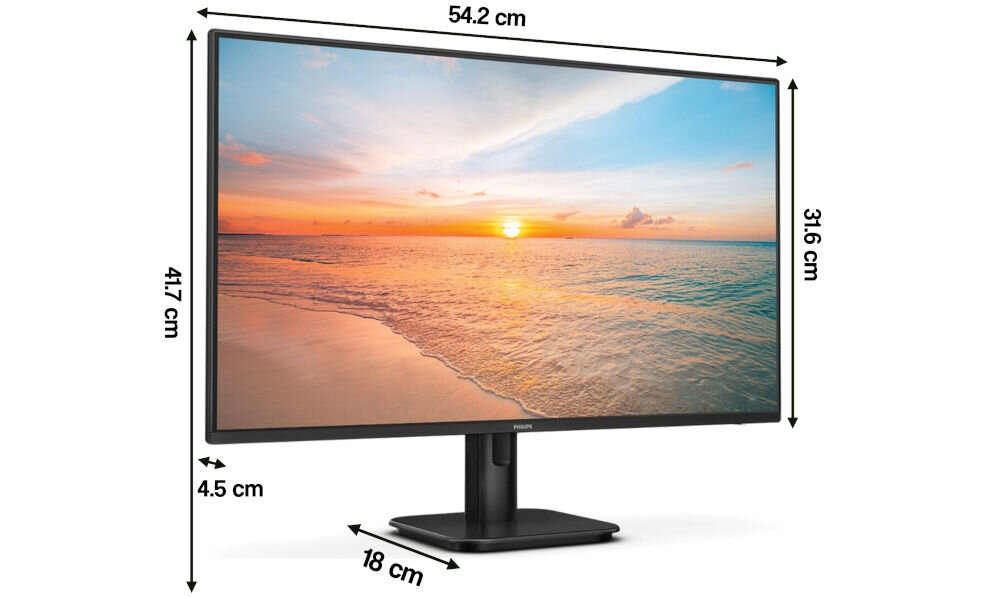 Monitor PHILIPS 24E1N1300A 23.8 cala 1920x1080px IPS 100Hz 1 ms [MPRT] prezentacja monitora z wymiarami od przodu na białym tle pod kątem wymiary komfort stabilność