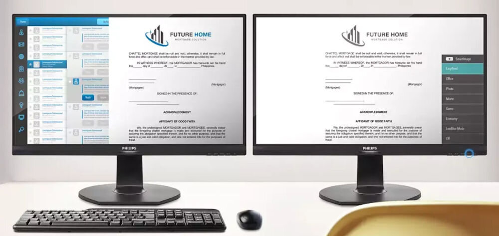 Monitor PHILIPS 24E1N1300A 23.8 cala 1920x1080px IPS 100Hz 1 ms [MPRT] prezentacja monitorów od przodu jeden monitor z włączonym trybem EasyRead drugi nie na białym biurku jasne tło tekst na ekranie wygląda jak wydruk na papierze ograniczenie obiążenia dla oczu