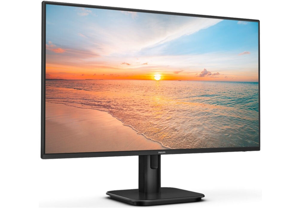 Monitor PHILIPS 24E1N1300A 23.8 cala 1920x1080px IPS 100Hz 1 ms [MPRT] prezentacja monitora od przodu pod kątem na białym tle szybka reakcja brak smużenia wyraźny obraz kontrola dokładność