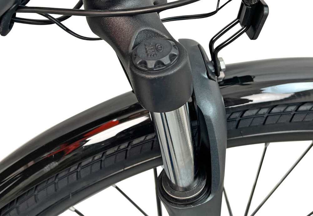 Rower elektryczny ESPERIA Agata D17 28 cali damski Szary rower typu hardtail przedni amortyzator MODE typu 690 ulatwia najezdzaniw na przeszkody niweluje wstrzasy na kierownicy komfortowa jazda na nierownych nawierzchniach