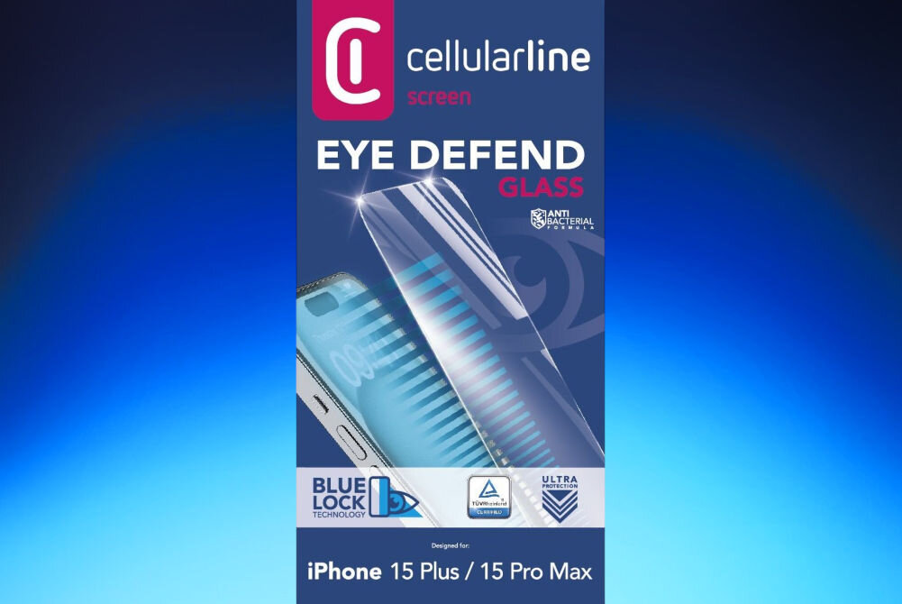 Szkło hartowane CELLULARLINE Eye Defend do Apple iPhone 15 Plus/15 Pro Max wytrzymałe nie wpływa na funkcjonalność dotykową ekranu zapewnia kompatybilność