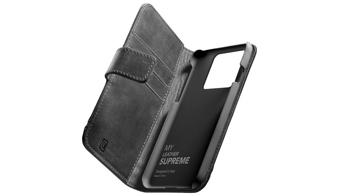 Etui CELLULARLINE Supreme do Apple iPhone 14 Czarny minimalistyczny design wykończenie ze skóry naturalnej stylowe