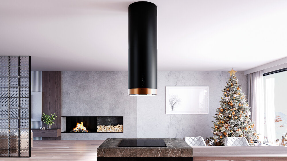 Okap GLOBALO Heweno Isola 39.2 Czarny miedziany mat Na zdjęciu przedstawiono przestronną kuchnię w minimalistycznym stylu, z centralnie umieszczoną wyspą wykonaną z jasnego, marmurowego kamienia. Nad wyspą zawieszony jest efektowny okap cylindryczny, który stanowi designerski akcent wnętrza. W tle widać wysokie drewniane zabudowy oraz czarny piekarnik w zabudowie, a całość uzupełnia eleganckie krzesło i zielona roślina w doniczce szerokość 39 cm timer czas Głośność 69 db