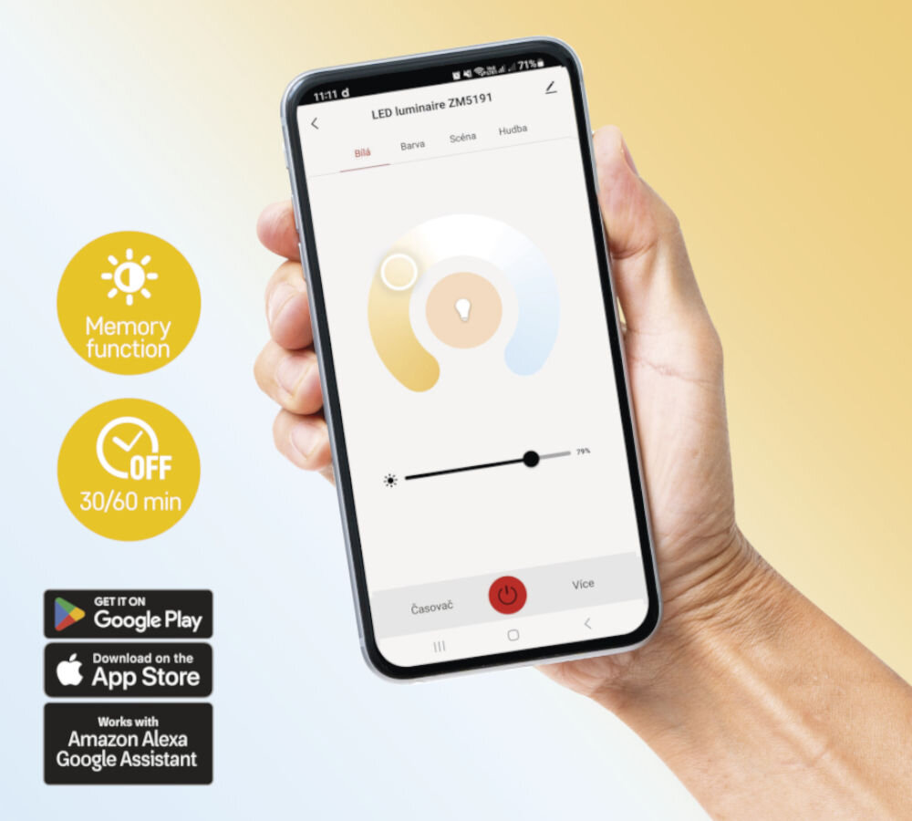 Oprawa natynkowa EMOS Go Smart ILVI 30W LED z pilotem, pilot, aplikacje, sterowanie, głosowe, na biało żółtym tle smartfon z aplikacją i logotypami android i ios