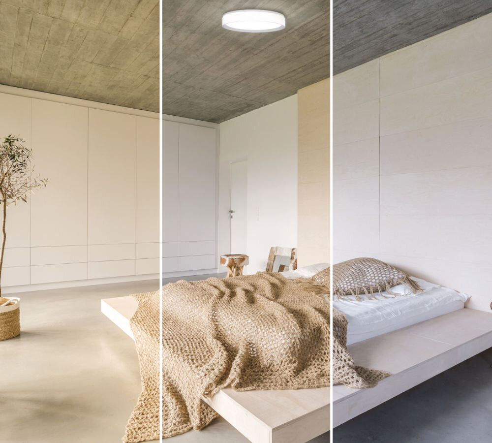 Oprawa natynkowa EMOS Go Smart ILVI 30W LED z pilotem, tryby, światło, zapamiętywanie, ustawienia, 3 zdjęcia w 1 pokazujące barwy oprawy natynkowej wpływające na oświetlenie pokoju