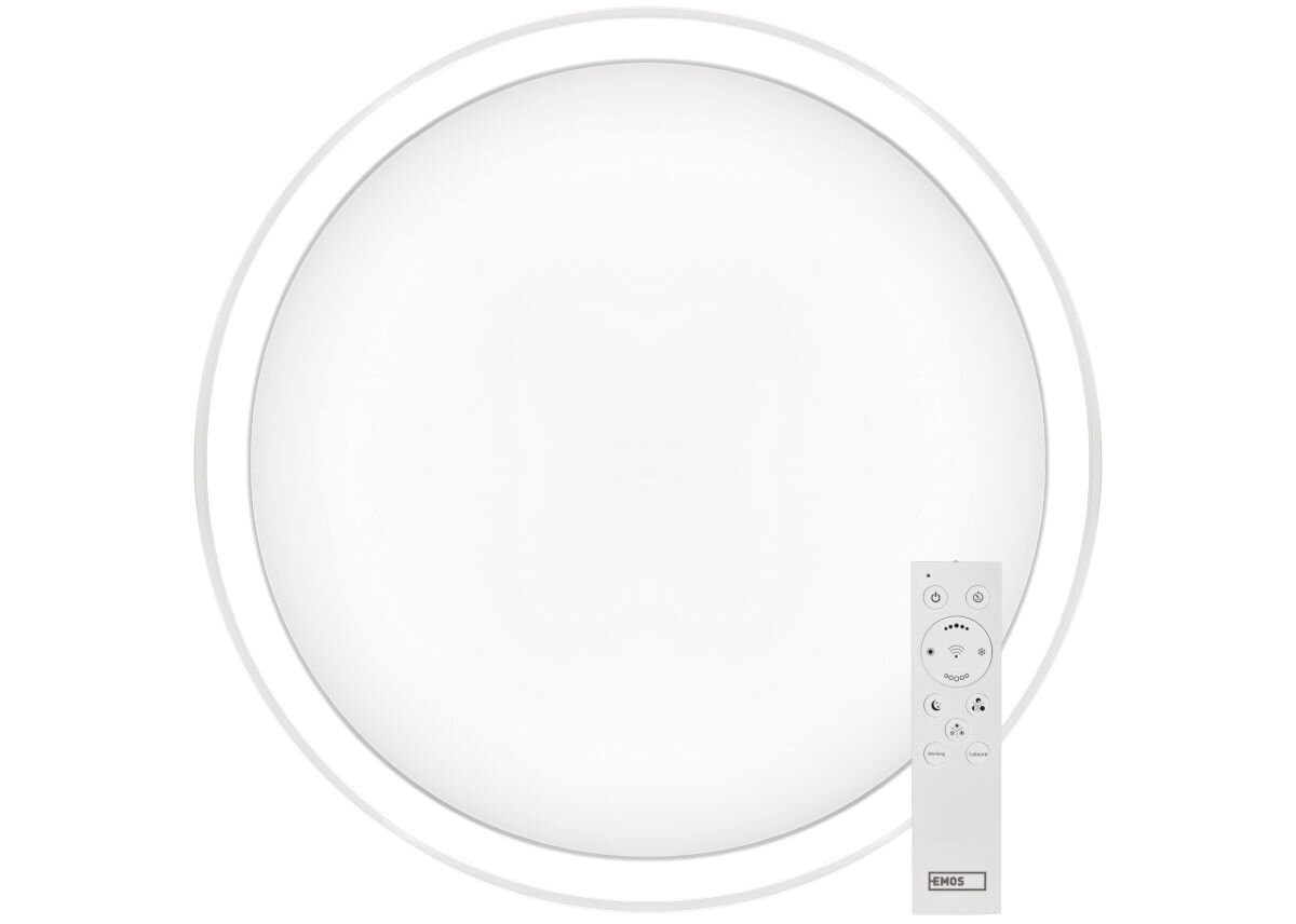 Oprawa natynkowa EMOS Go Smart ILVI 30W LED z pilotem, efekt, halo, promienie, słońce, na białym tle oprawa natynkowa wraz z pilotem frontem na wprost