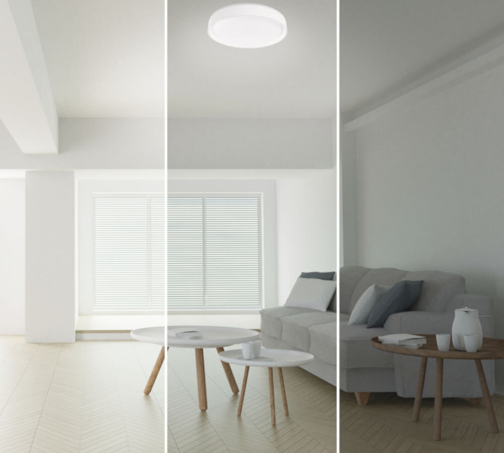 Oprawa natynkowa EMOS GoSmart ILVI 45W LED z pilotem, scenariusze, mocne, neutralne, ciepłe, miękkie, 3 zdjęcia w 1 wizualizujące barwę oświetlenia różnego rodzaju