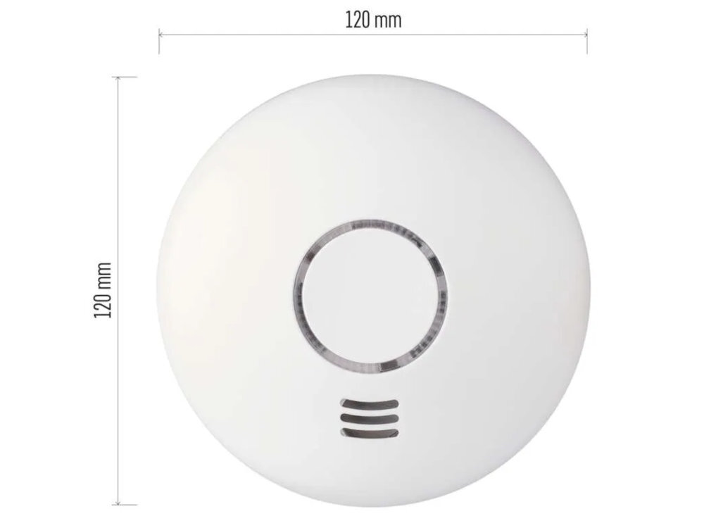 EMOS GS558 35,5 × 120 × 120 mm, EMOS GS558 łatwo dopasować do wystroju wnętrza Dyskretna konstrukcja - czujnik z wymiarami na białym tle