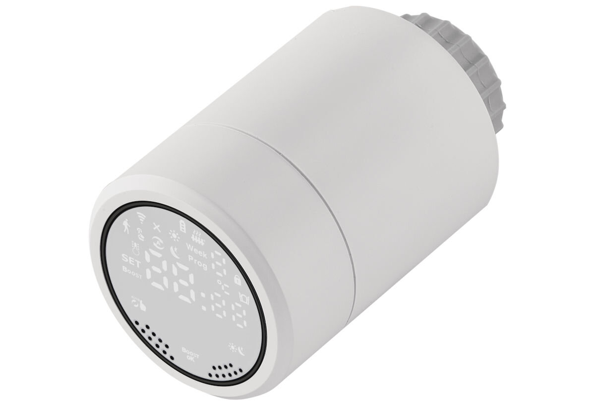 Głowica termostatyczna EMOS GoSmart P5630S, ogrzewanie, zarządzanie, EMOS, pomieszczenia, na białym tle głowica frontem prawo skos od góry