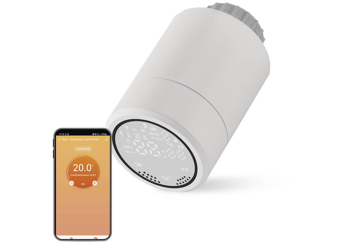 Głowica termostatyczna EMOS GoSmart P5630S, cicha, ogrzewanie, straty, energia, na białym tle głowica wraz smartfonem i aplikacją EMOS