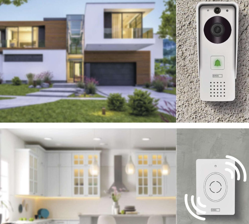 Wideodomofon EMOS GoSmart IP-09D H4030 Bezprzewodowy Wi-Fi, ochrona, obserwacja, monitoring, bezpieczeństwo, Wideodomofon zamontowany na ścianie domu, panel sterowania w kuchni z sygnałem dzwonka.