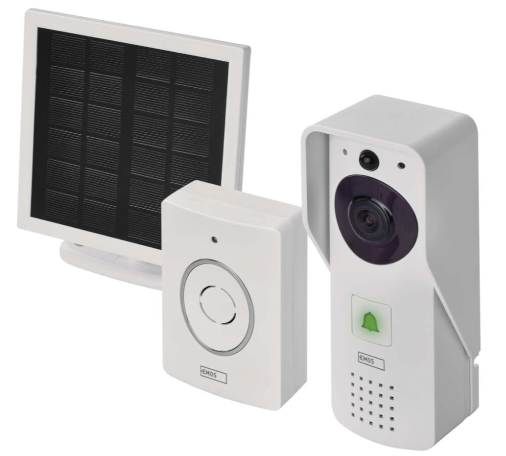 Wideodomofon EMOS GoSmart IP-09D H4030 Bezprzewodowy Wi-Fi, monitoring, obraz, powiadomienie, detekcja, Panel sterowania, wideodomofon i panel solarny EMOS, prezentacja zestawu urządzeń.