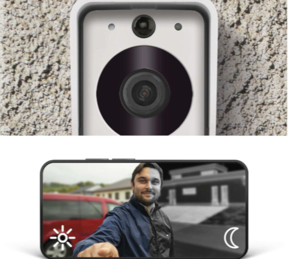 Wideodomofon EMOS GoSmart IP-09D H4030 Bezprzewodowy Wi-Fi, rozmowa, głośnik, aplikacja, bezpieczeństwo, Zbliżenie na kamerę wideodomofonu i dwie ikonki trybów dziennych/nocnych na ekranie smartfona.