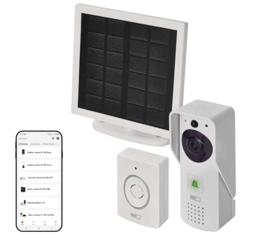 Wideodomofon EMOS GoSmart IP-09D H4030 Bezprzewodowy Wi-Fi, drzwi, zamek, zdalnie, telefon, Panel solarny, wideodomofon i panel sterowania EMOS, pokazana aplikacja do obsługi.