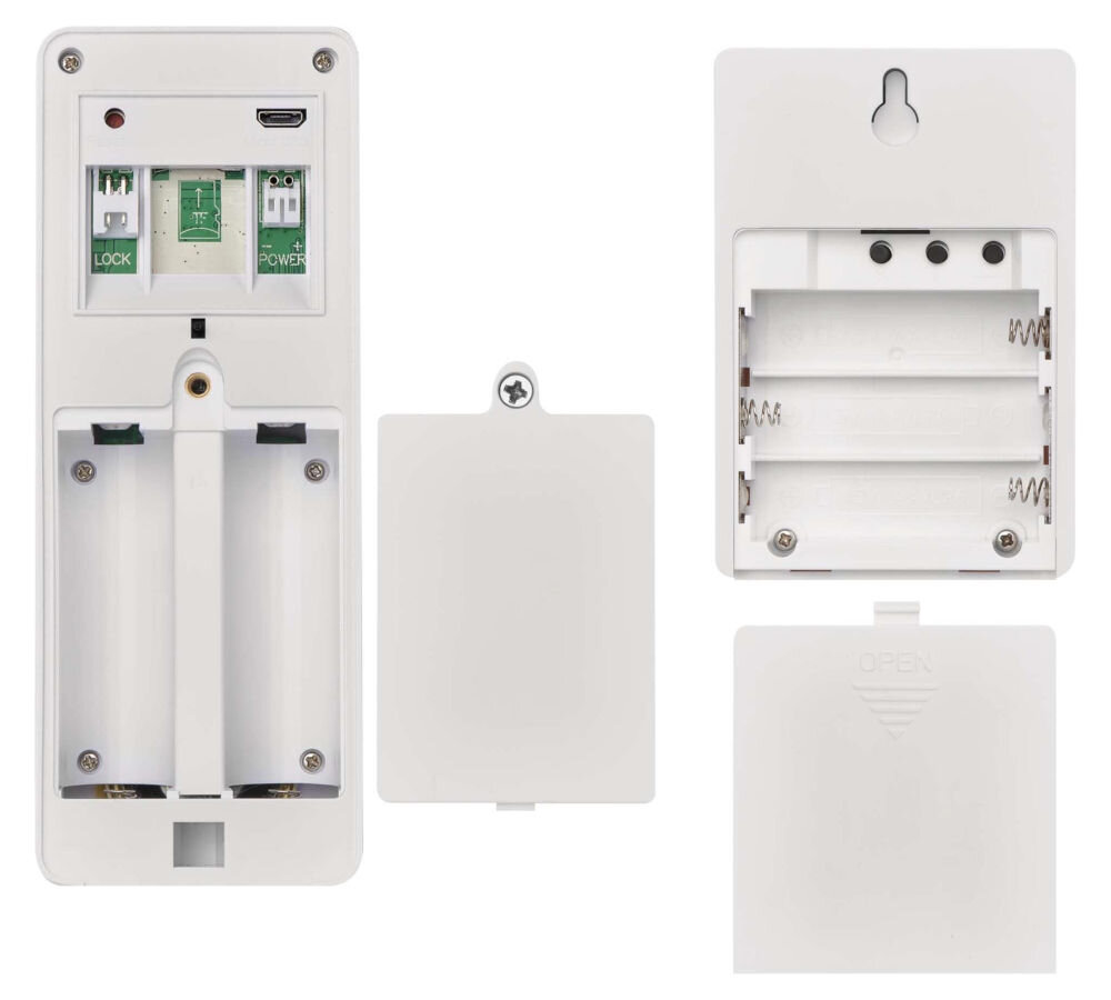 Wideodomofon EMOS GoSmart IP-09D H4030 Bezprzewodowy Wi-Fi, akumulator, montaż, baterie, solar, Panel wideodomofonu i miejsce na baterie, pokrywa zdjęta, widoczne wnętrze urządzenia.