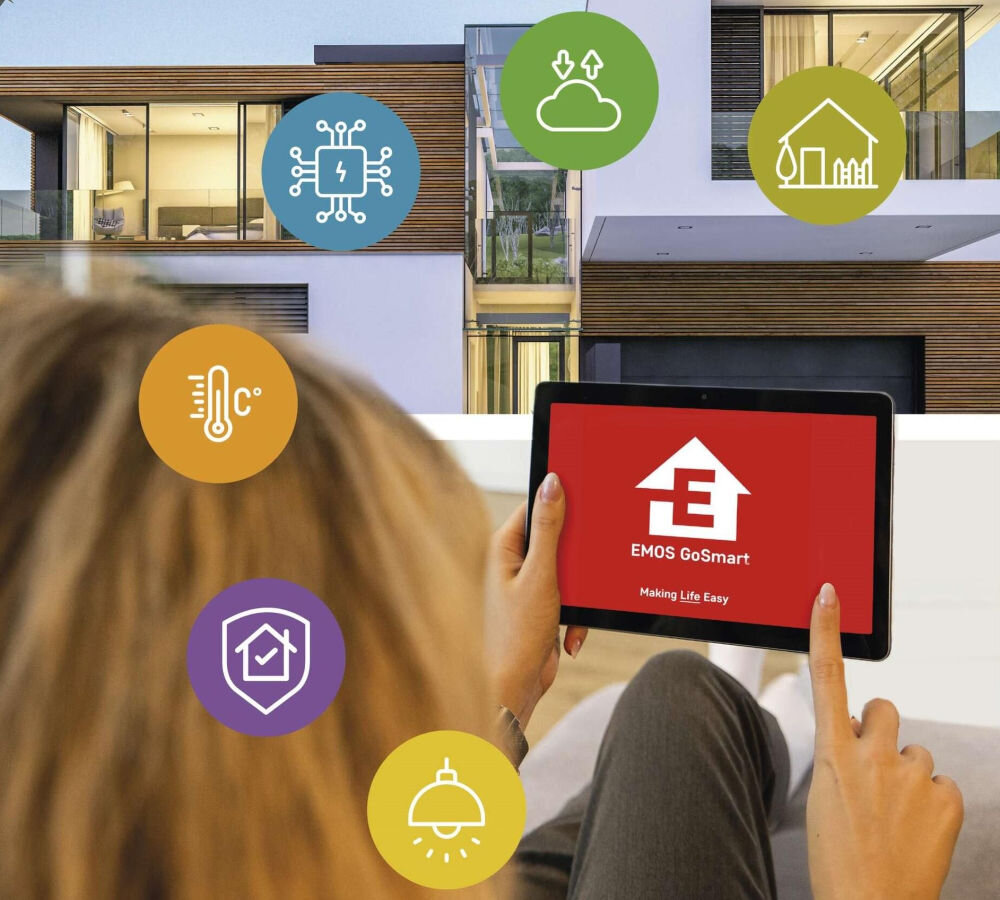 Wideodomofon EMOS GoSmart IP-09D H4030 Bezprzewodowy Wi-Fi, Wi-Fi, konfiguracja, aplikacja, powiadomienie, Panel sterowania systemem EMOS GoSmart z ikonami funkcji smart domu, dom w tle.