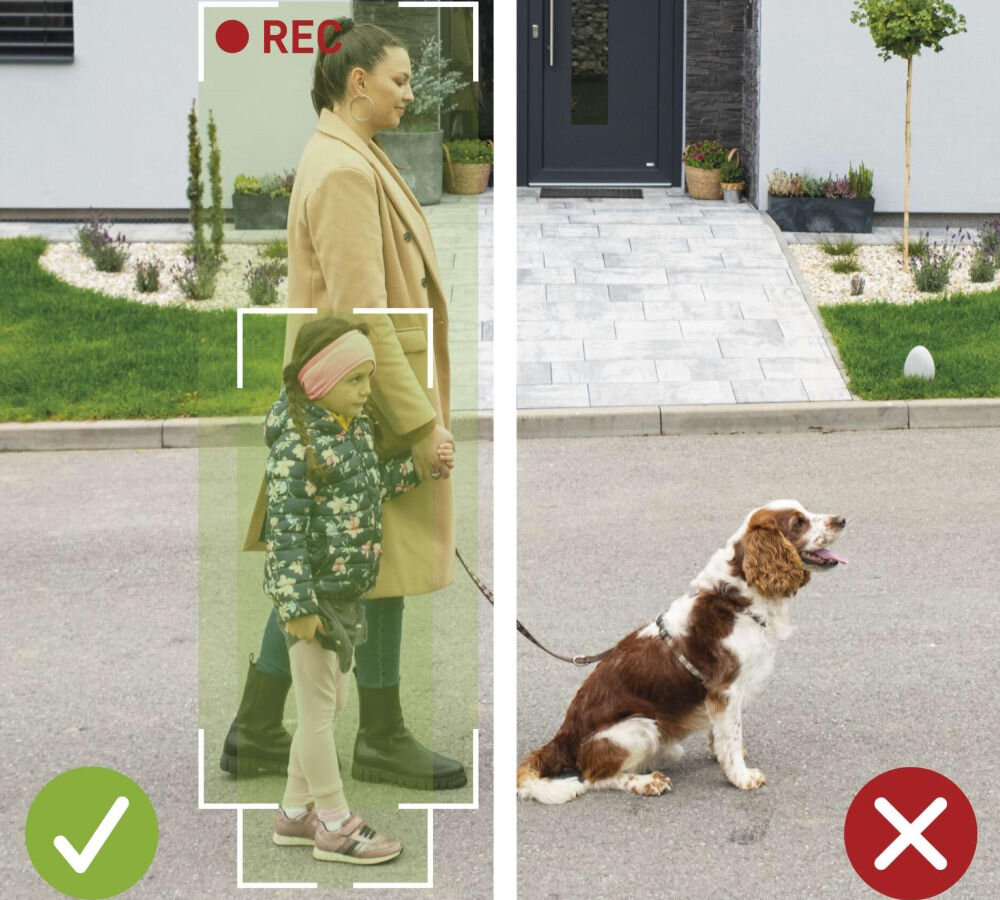 Wideodomofon EMOS GoSmart IP-09D H4030 Bezprzewodowy Wi-Fi, aplikacja, alarm, historia, zapis, System wideodomofonu rozpoznający ludzi, ignoruje zwierzęta, zielona i czerwona ikona.