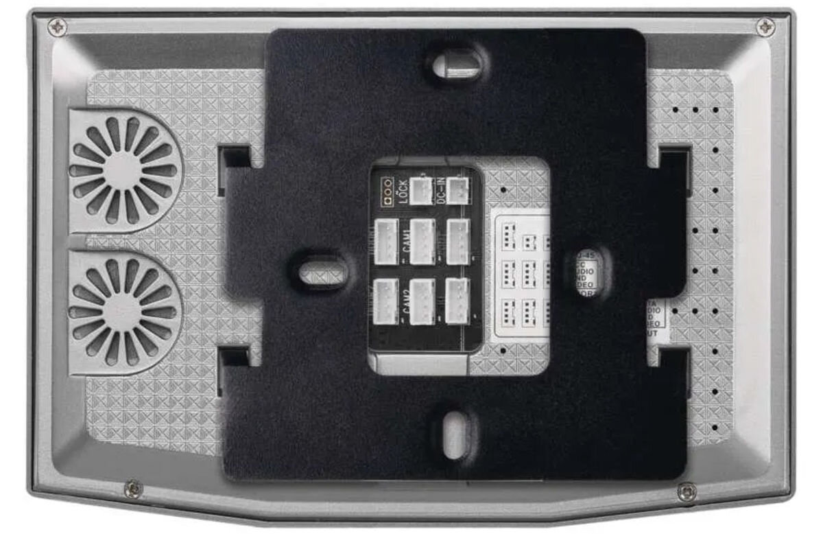 Monitor do wideodomofonu EMOS GoSmart IP-700B , zasilanie, rozbudowa, centralny, DIN, na białym tle tył monitora frontem na wprost