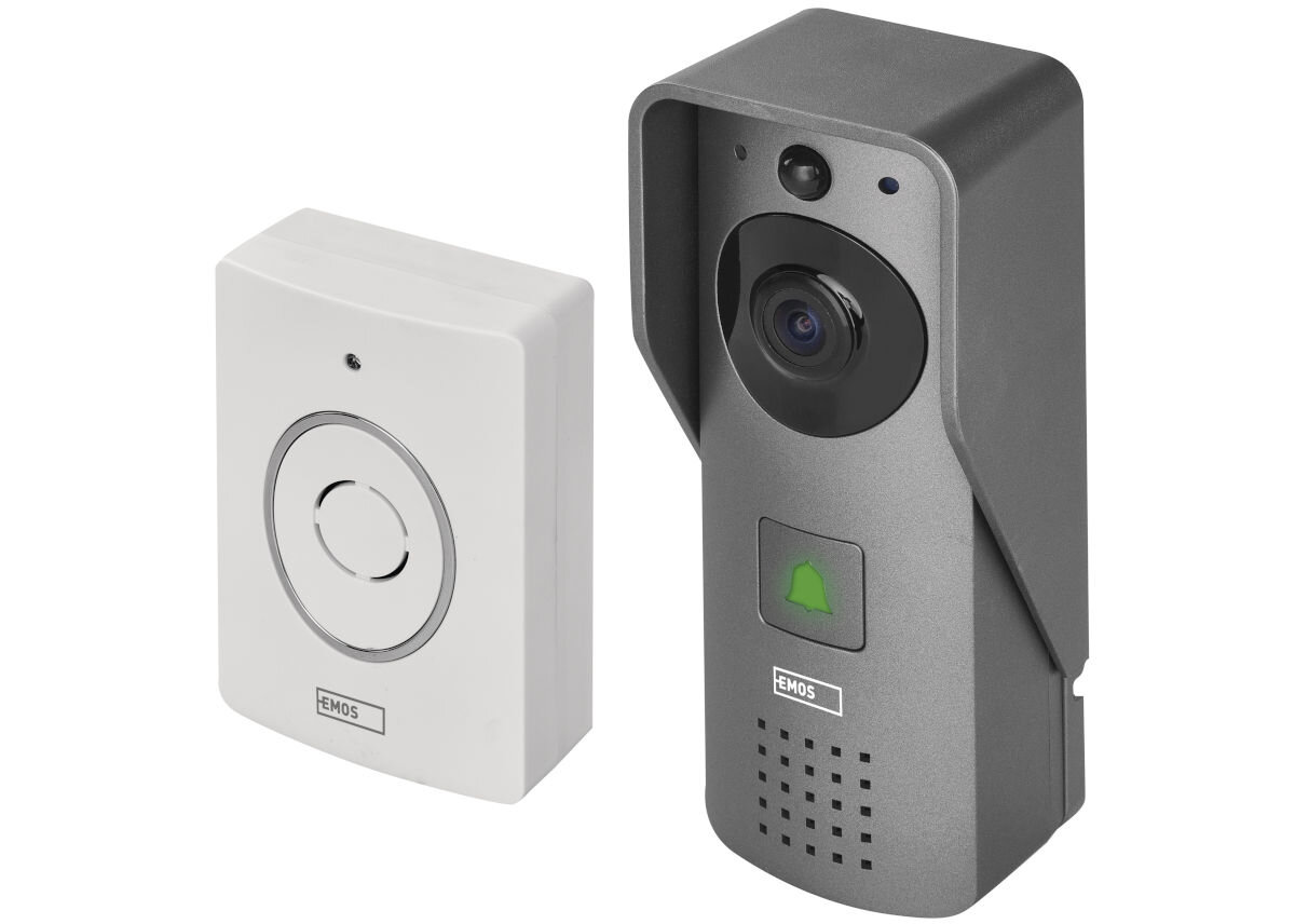 Dzwonek bezprzewodowy EMOS GoSmart IP-09C Szary, kontrola, wejścia, obraz, powiadomienia, na białym tle domofon wraz z dzwonkiem frontem lewo skos