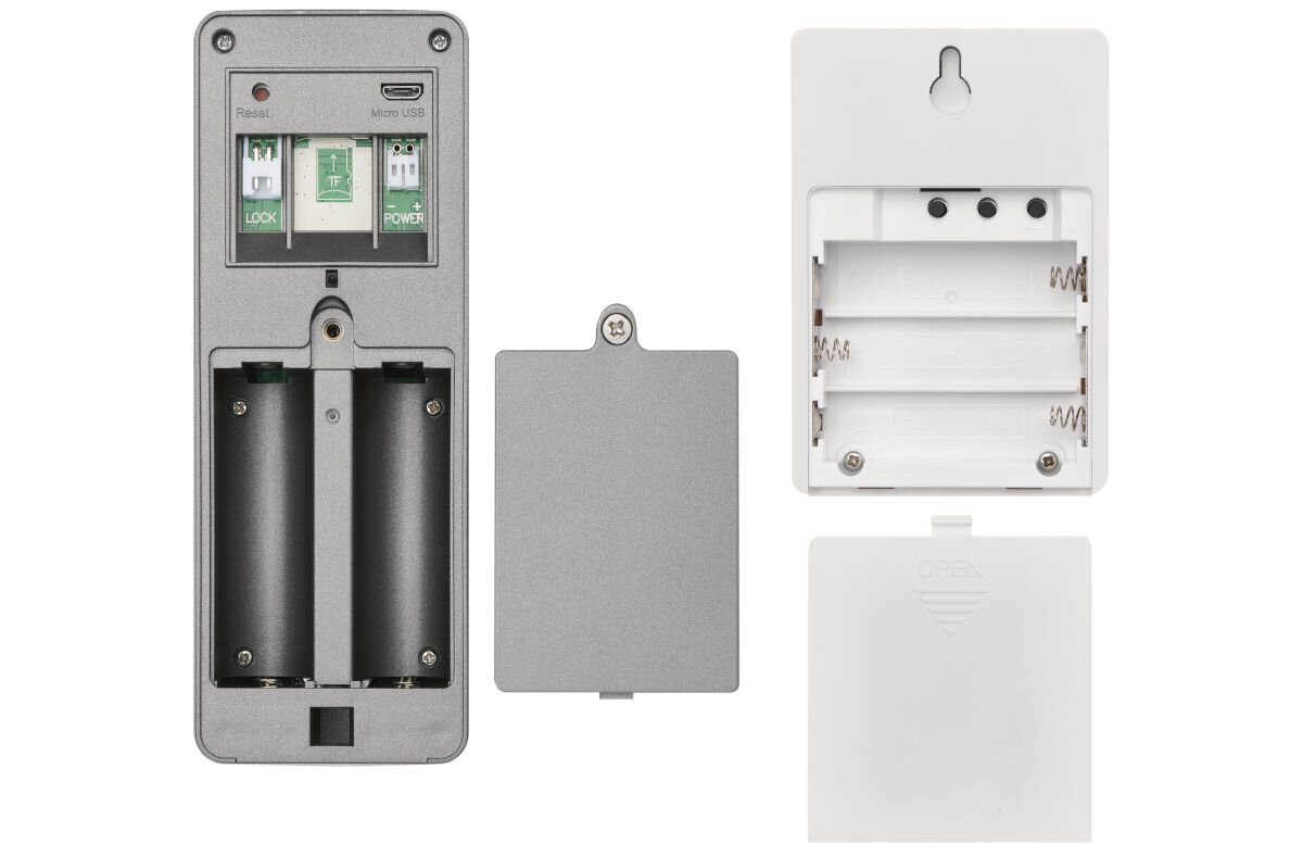 Dzwonek bezprzewodowy EMOS GoSmart IP-09C Szary, przewody, zasilanie, eliminuje, ładowanie, gong, na białym tle tył domofonu i dzwonka wraz z otwarciem wejścia na baterie