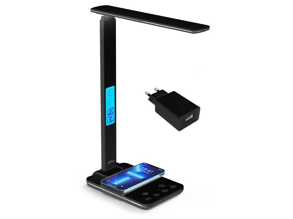 Lampka biurkowa MEDIA-TECH MT222K z ładowarką indukcyjną zestaw zasilacze USB-A dokumentacja