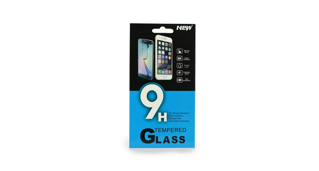 Opakowanie szkła hartowanego z napisem \'9H Tempered Glass\' oraz grafiką dwóch smartfonów. Widoczne są także ikony z informacjami o produkcie i napis \'NEW\'.