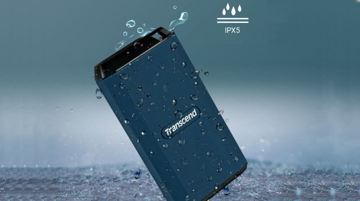 Dysk TRANSCEND ESD410C 4TB SSD wytrzymała wodoodporna konstrukcja Zintegrowany otwór na smycz Certyfikat IPX5 zgodność z amerykańską normą militarną MIL-STD-810G