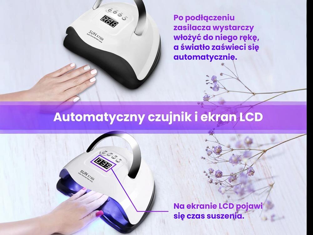 Lampa UV-LED do paznokci EXTRALINK Sun X7 Max Biały wyświetlacz LCD, wbudowany timer, czujnik ruchu, utwardzanie obu dłoni