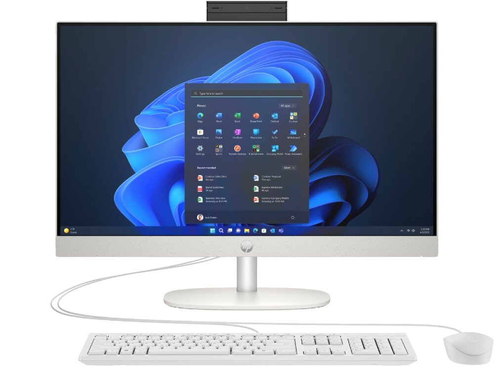 Komputer HP ProOne 240 G10 Komputer typu all-in-one z białą klawiaturą i myszą. Na ekranie wyświetlony jest ekran startowy systemu Windows z otwartym menu aplikacji, ekran, przekątna, rozdzielczość, matryca
