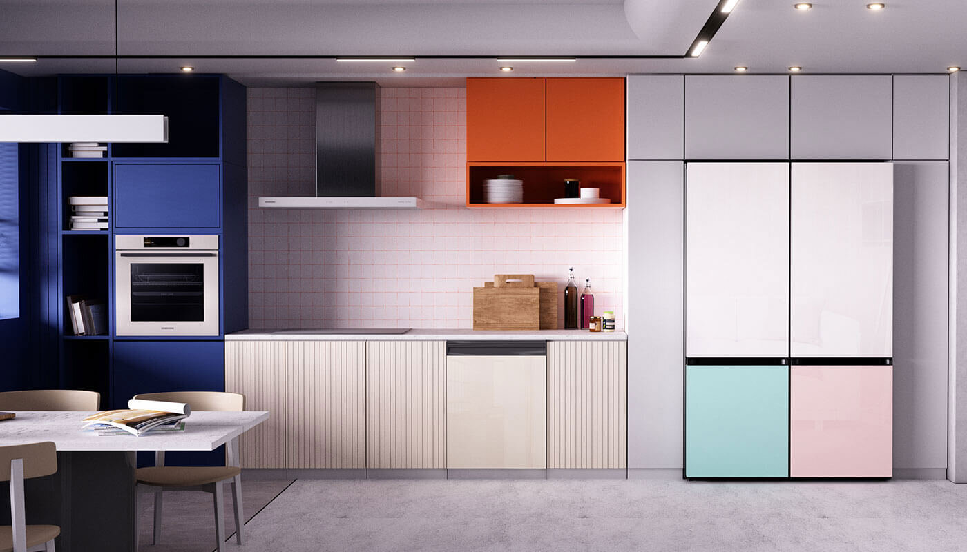 Przestronna, nowoczesna, kolorowa kuchnia ze zmywarką BeSpoke Samsung DW60CB895UAPET