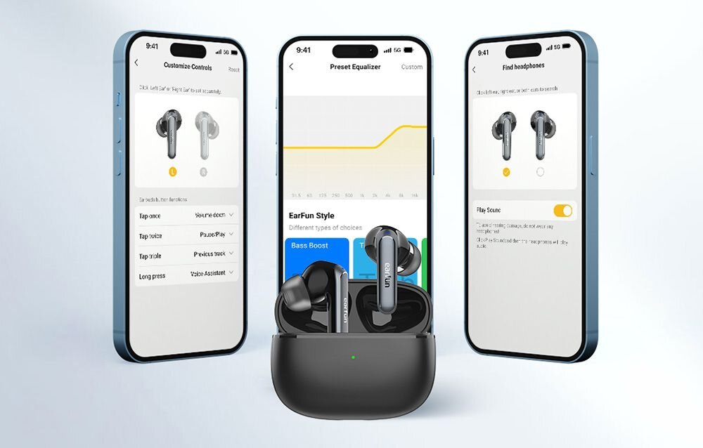 Słuchawki dokanałowe EARFUN Air 2 NC aplikacja EarFun Audio EQ adaptacyjne ANC aktualizacja firmware, słuchawki z etui ładującym oraz trzema smartfonami na jasnym tle