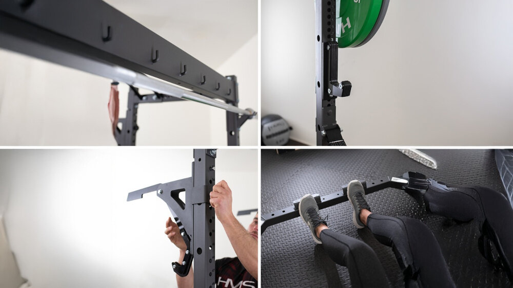 Klatka treningowa HMS KLT3110 kolaż zdjęć ze zbliżeniem na wszystkie podpory bezpieczeństwa podpory bezpieczeństwa o długości 42,5 cm i pasy 73 cm komfort psychiczny monolift 52,5 cm mechanizm blokuje i luzuje gryf