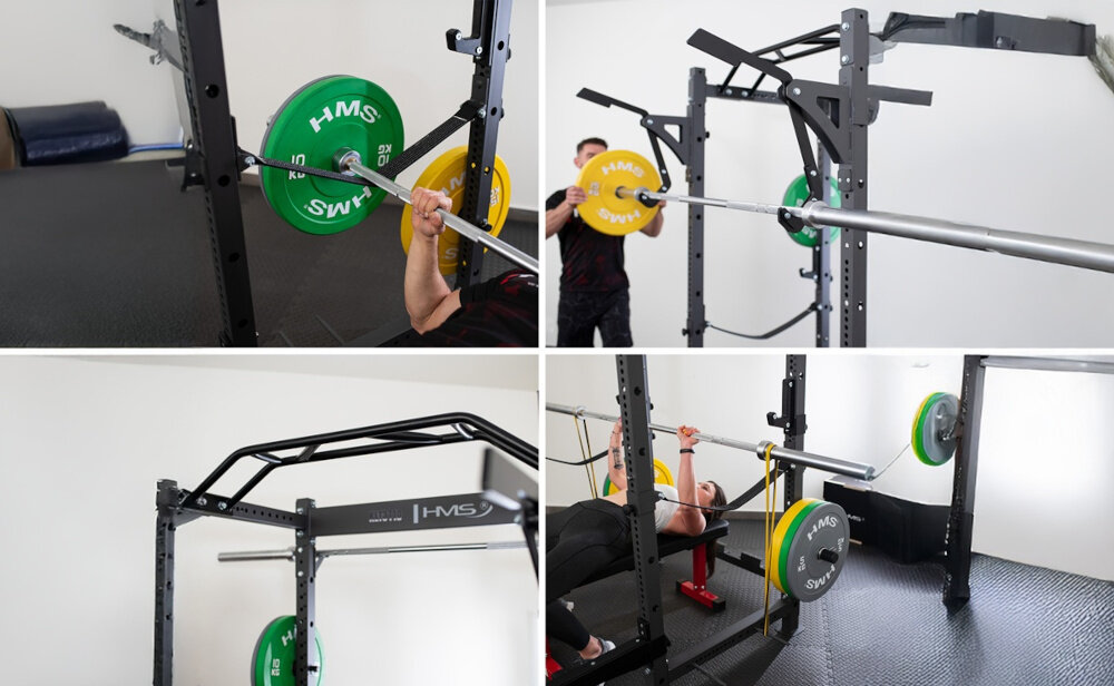 Klatka treningowa HMS KLT3110 kolaż zdjęć pokazujący zbliżenia na różne części klatki 55-stopniową regulację wysokości montażu w zakresie od 25 do 187 cm rozstaw otworów co 1 cm do wysokości 138 cm sprzęt łatwo dopasowuje się cztery pręty na gumy rozporowe z 18-stopniową regulacją