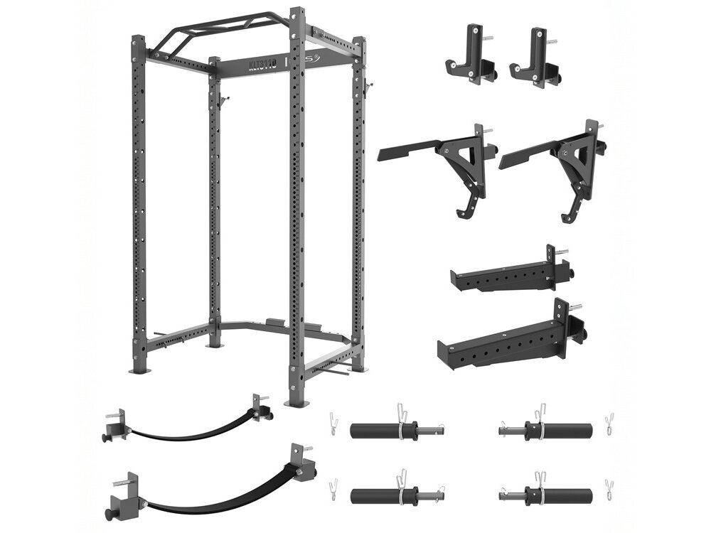 Klatka treningowa HMS KLT3110 zestaw na białym tle atlas dwa pasy bezpieczeństwa cztery bolce osiem zacisków sześć haków dokumentacja