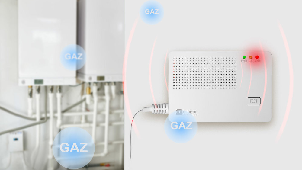 EL HOME GD-04A4 podwójną sygnalizację alarmową: akustyczną sygnał dźwiękowy optyczną diodę LED fabrycznie progowi reakcji (<23% LEL) - czujnik przy piecu gazowym