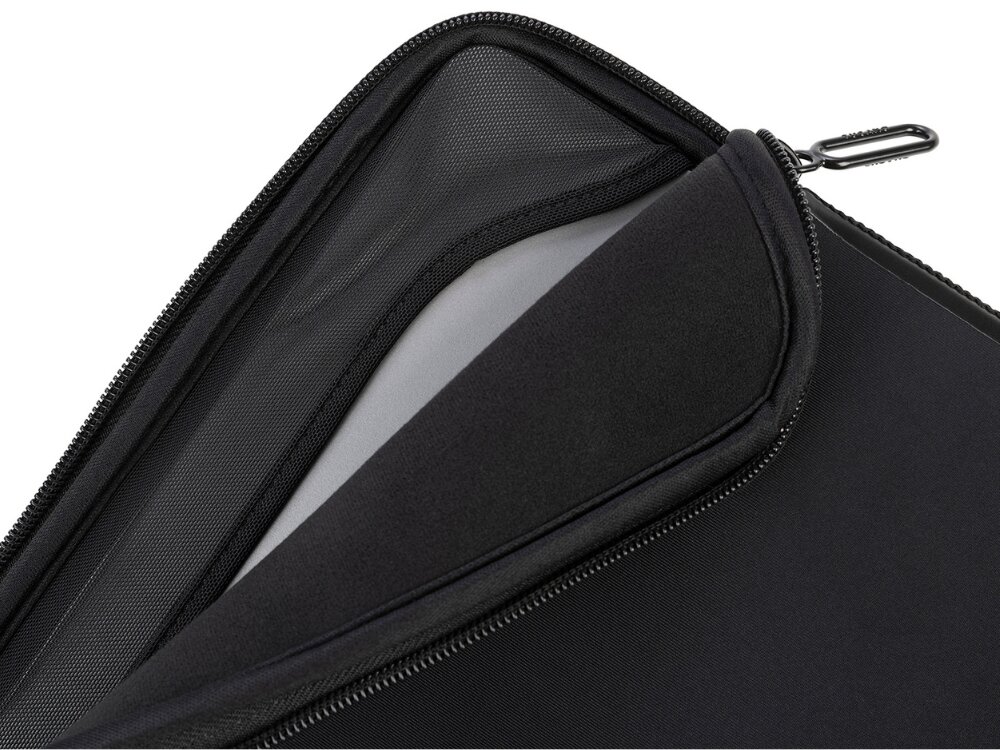 Czarne etui na laptopa z zamkiem błyskawicznym, częściowo otwarte, ukazujące wewnętrzną wyściółkę ochronną.