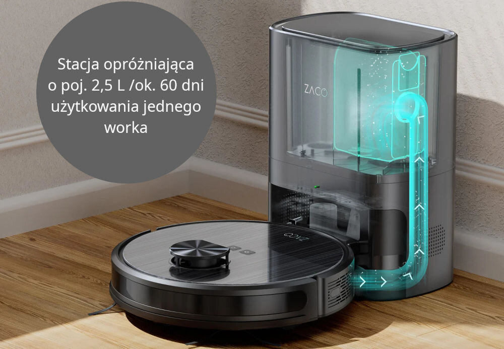 Robot sprzątający ZACO A10 PRO stacja opróżniająca maksymalna wygoda użytkowania worek pojemność 2,5 l do 60 dni bez opróżniania podciśnienie 20 000 Pa efektywne zbieranie zanieczyszczeń do worka wymiary stacji 32 x 24 x 16,5 cm komapktowa łatwa do ustawienia