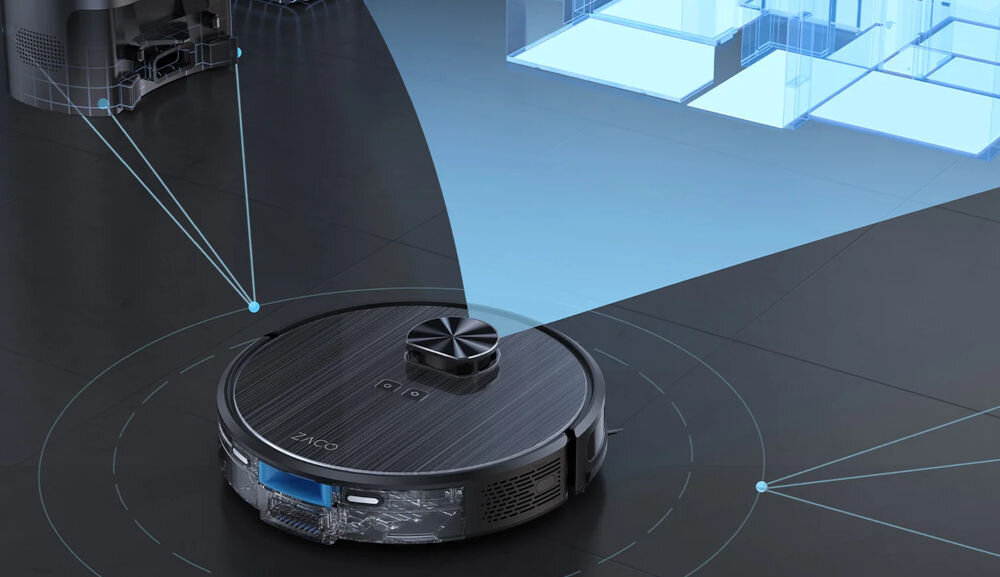 Robot sprzątający ZACO A10 PRO nawigacja laserowa 360 stopni precyzyjne skanowanie otoczenia efektywne planowanie trasy sprzątania pokrywa cały obszar czujniki kolizyjne tworzenie szczegółowych map sprzatania w aplikacji mobilnej dokładność bezpieczeństwo