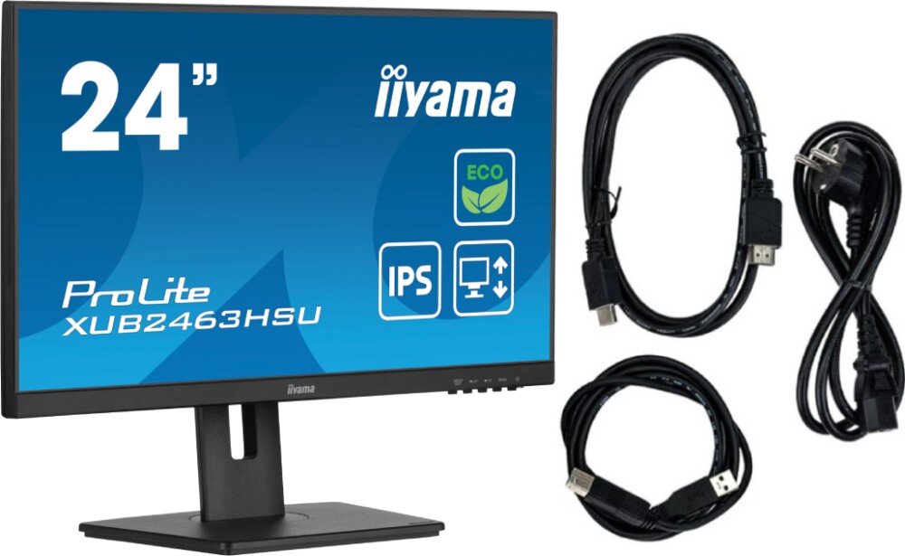 Monitor IIYAMA ProLite XUB2463HSU-B1 23.8 1920x1080px IPS 100Hz 3 ms [GTG] zestaw wyposażenie