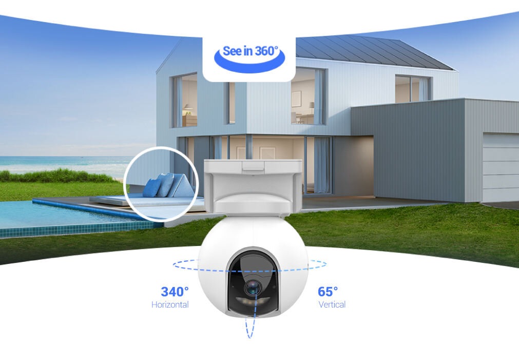 Kamera EZVIZ HB8 + Panel solarny kompresja wideo H.265 redukcja wielkości wideo o 50% Obraca się w poziomie 340° pionie 65° rozdzielczość 2K+