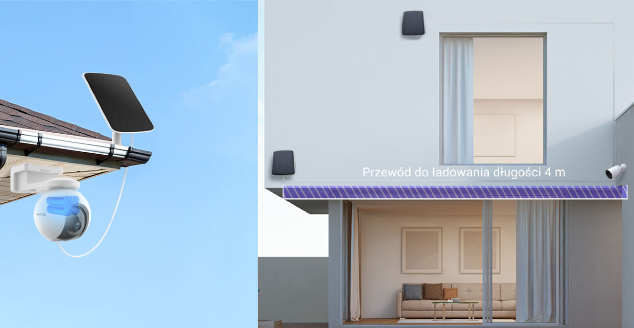 Kamera EZVIZ EB8 + Panel solarny pojemna bateria 10400 mAh panel słoneczny zasilanie akumulatorowe prosty i szybki montaż oś obrotu 360° 4-metrowy kabel