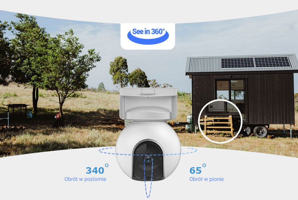 Kamera EZVIZ EB8 + Panel solarny kompresja wideo H.265 redukcja wielkości wideo o 50% Obraca się w poziomie 340° pionie 65° rozdzielczość 2K 2304 x 1296 px