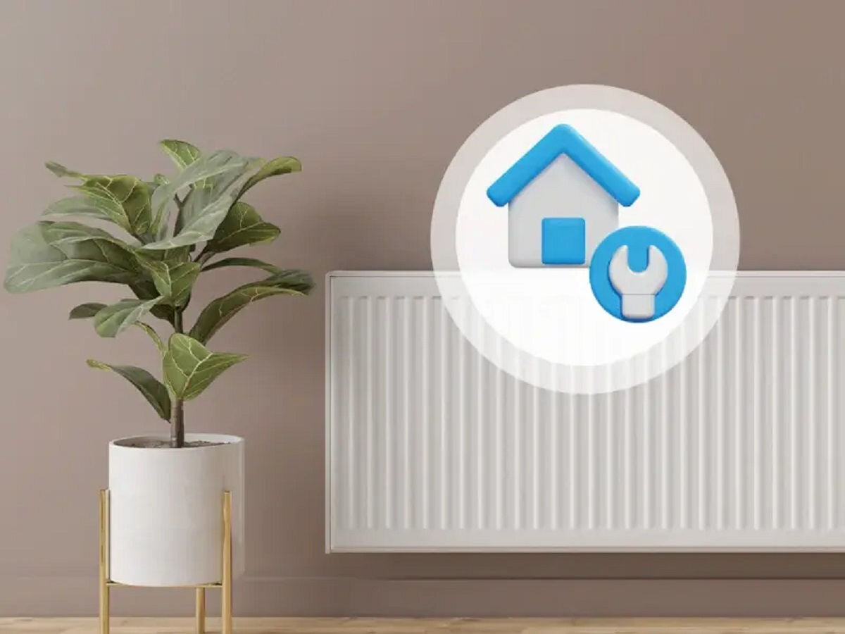 Głowica termostatyczna EZVIZ CS-T55 ZigBee, Łatwa konfiguracja, prosta obsługa, uniwersalne dopasowanie, instrukcja krokowa, Termostat EZVIZ T55 zamontowany na grzejniku, półka z doniczką i centralka A3