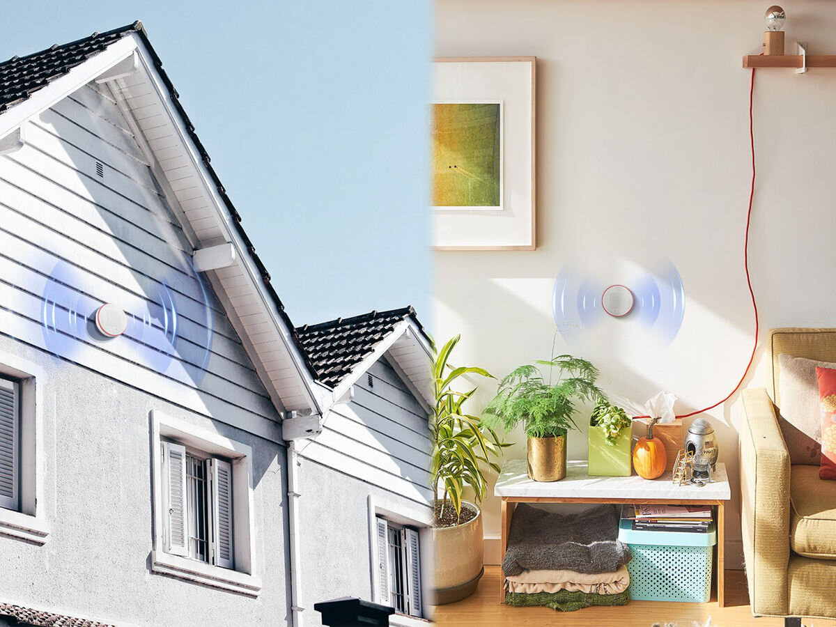 Syrena zewnętrzna EZVIZ CS-T9C-A0-BG, Głośność alarmu, czas trwania, dopasowanie sygnału, wygoda użytkownika, Syrena T9C zamontowana na domu na zewnątrz i w salonie, wskazanie siły sygnału niebieskim